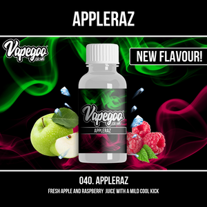 Vapegoo eliquid flavour: 40 Appleraz -  Fresh apple and raspberry juice with a mild cool kick.