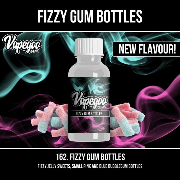 Vapegoo flavour: 162 Fizzy Gum Bottles - Fizzy jelly sweets, small pink and blue bubblegum bottles