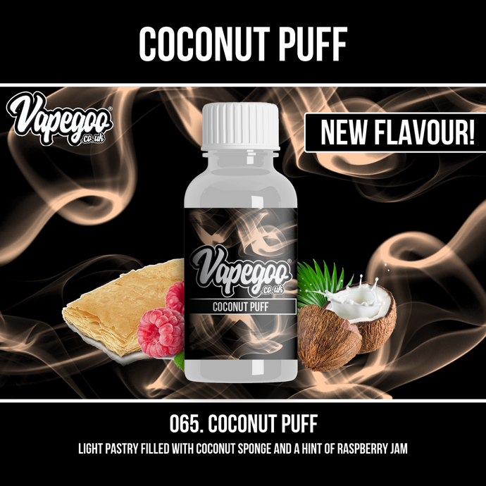 Vapegoo flavour: 65 Coconut Puff - Light pastry with coconut sponge and a hint of raspberry 